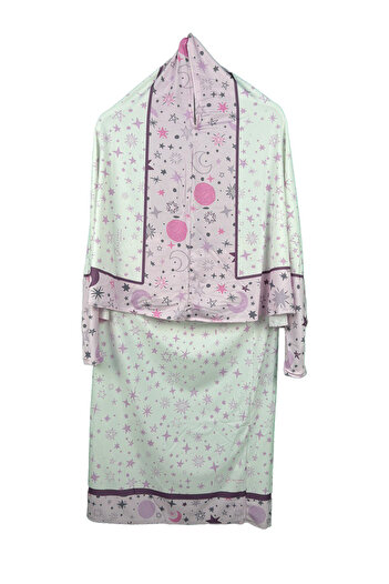 Altobeh Children's Prayer Suit Practical Two Pieces Patterned Sleeves and Removable Headscarf Lycra Hijab Dress (6-12