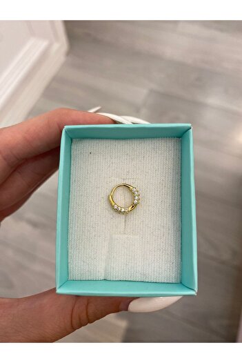 Siminkari 925 Ayar Gümüş Mini Taşlı Halka Piercing 14 Ayar Altın Kaplama