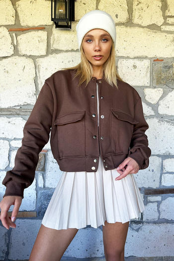 Trend Alaçatı Stili Γυναικείο σακάκι Crop με διπλή τσέπη, καφέ κουμπωτό ALC-X10940