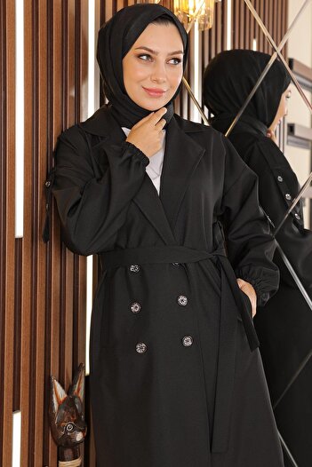 Modamihram Button Detailed Trench Coat Black 19147