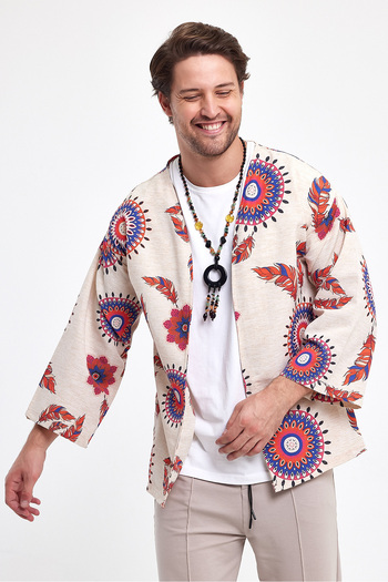 rammers Bohemian Kimono Jacket 100% Linen Comfortable Cut Ethnic Patterned