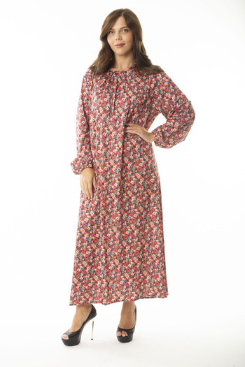 Şans Women's Large Size Red Maxi Length Dress with Gathering Collar and Elastic Cuff Detail 65N36905