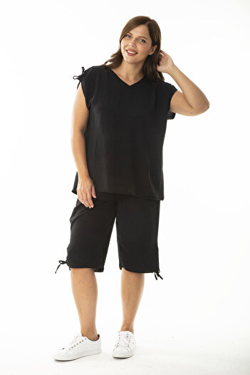 Şans Women's Black Lace Detailed Blouse Capri Double Suit 65N36888
