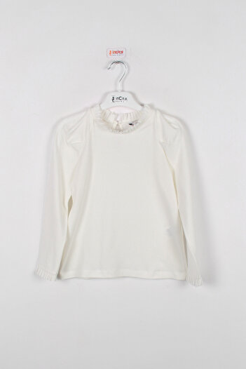 incity Girl's Ecru Pleated High Collar Basic Long Sleeve T-Shirt