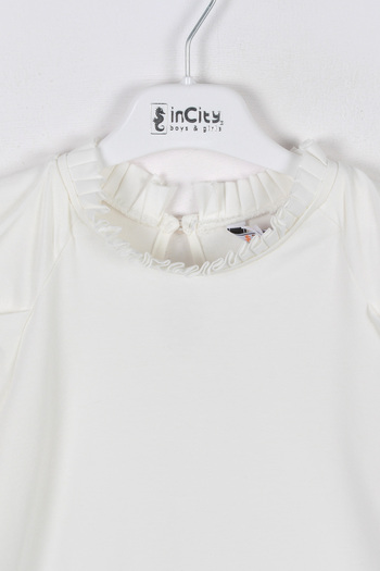 incity Girl's Ecru Pleated High Collar Basic Long Sleeve T-Shirt