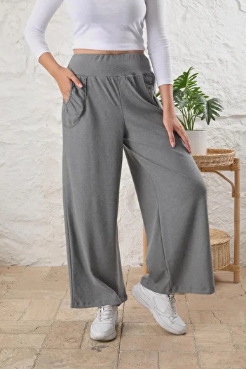 ESPİNA Women's High Waist Pocket Wide Leg Soft Quality Knitted Trousers