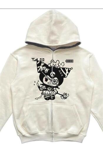 Planet Butik White Retro Mobile Kuromi Thick Fabric Zippered Hooded Cardigan