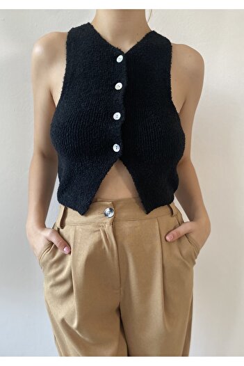 minaaise Black Boucle Lycra Knitwear Vest 26036