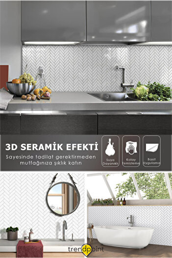 Trendpoint 1adet 3d 30cm×30cm Mutfak Tezgah Arası Kaplama Kendinden Yapışkanlı Balıksırtı Beyaz