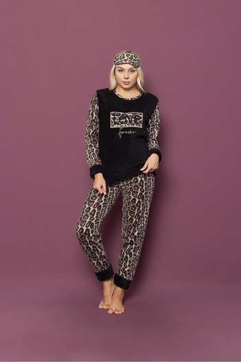 Asel Women's Lepard Patterned Fleece Pajama Set