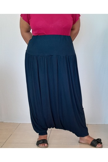 Mertcan Butik Navy blue elastic waistband combed cotton viscose baggy pants
