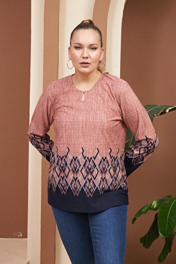 RMG Ethnic Patterned Collar Detailed Plus Size Powder Blouse