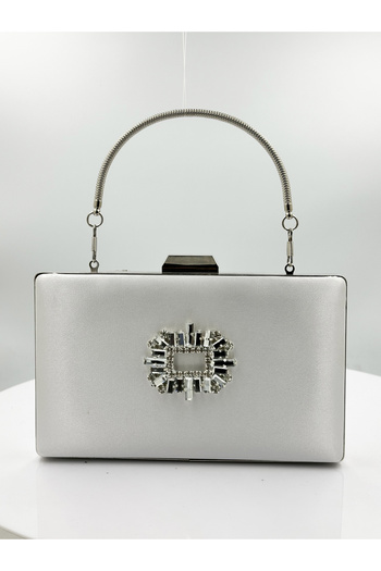 Biçanta Mother of Pearl Ecru Color Satin Silver Case Silver Stone Evening Bag Evening Bag Wedding Engagement Portfolio