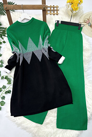 MODAQU Set pantaloni tunică din tricotaj în zigzag - verde