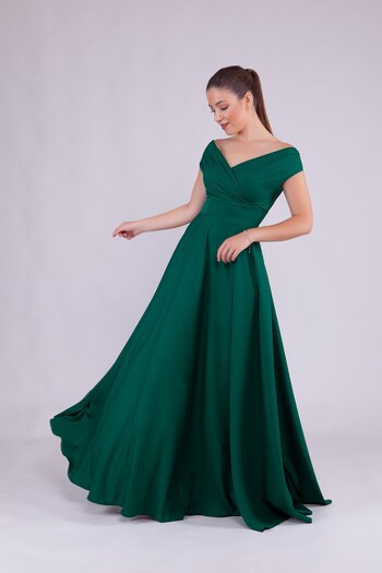 lovebox Flexible Fabric Double Breasted Neckline Low Shoulder Flared Cut Maxi Length Plus Size Emerald Green Evening Dress 237