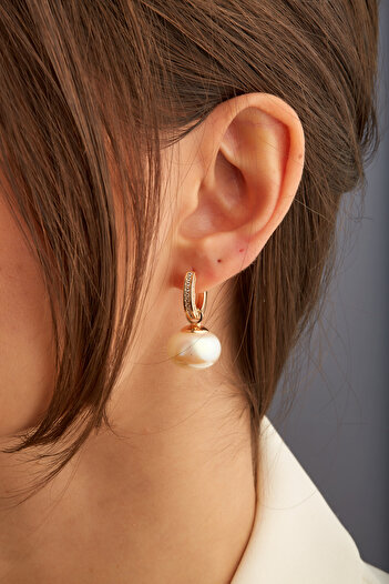 Joy of Jade Linda Women's Ball Pearl and Zircon Stone Detailed Gold Hoop Earrings, Cream Pearl