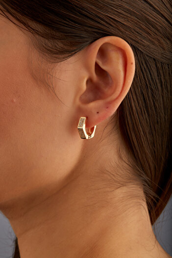 Joy of Jade Macy Women's Zircon Stone Detailed Gold Pentagonal Hoop Earrings, Small
