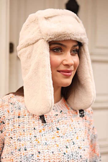 REMSA Plush Beanie Hat with Snap Fastener and Fur Headphones RKŞ-03 Beige