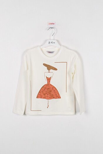 incity Girl's Crew Neck Printed Lace Detailed Long Sleeve T-Shirt