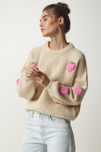 Happiness İstanbul Pulover de damă din tricot cu textura căpșuni bej PF00022