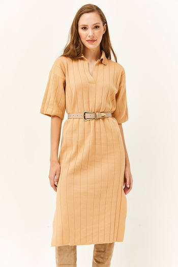 Olalook Women's Beige Side Slits Soft Textured Core Spun Knitwear Dress ELB-19001971