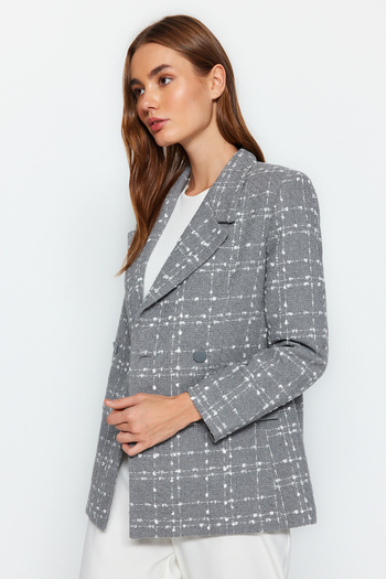 Trendyol Collection Gray Oversize Woven Plaid Blazer Jacket TWOAW21CE0105