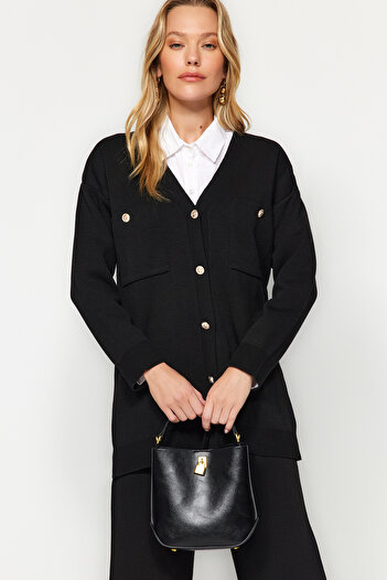 Trendyol Modest Black Buttoned Cardigan-Pants Knitwear Top and Bottom Set TCTAW24US00048