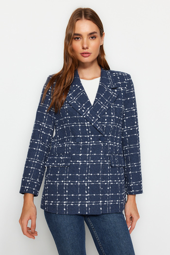 Trendyol Collection Μπλε Navy Blue Tweed κανονικό υφαντό καρό σακάκι TWOAW21CE0105
