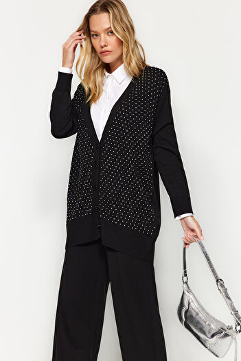 Trendyol Modest Black Jewelled Cardigan-Pants Knitwear Top and Bottom Set TCTAW24US00079