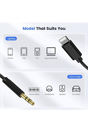 Deppo Trend iPhone Uyumlu Aux Kablosu Lightning To 3.5mm Jack Çevirici Dönüştürücü Siyah Bluetooth Gerektirmez