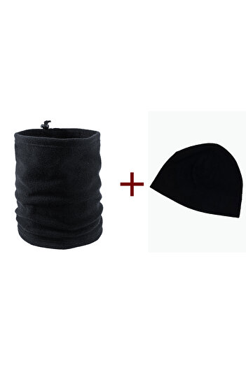 Mrey Unisex 2-Piece Black Thermal Winter Fleece String Neck Collar Beanie that can be turned into a hat - Polar Black Beret Set Suit