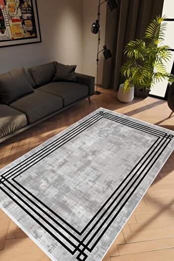 10 Post Online Salon Halısı Modern Çizgili Gri Siyah Kaydırmaz Kesme Yıkanabilir Ince Halı Tüysüz Kilim