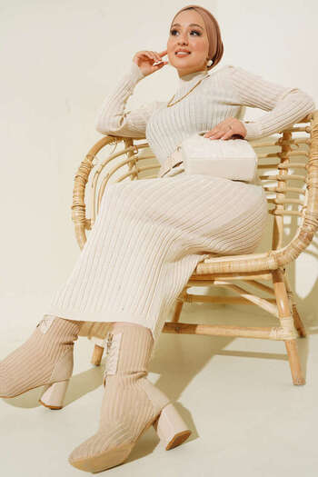 benguen 1056 Halbhals-Strickkleid Creme