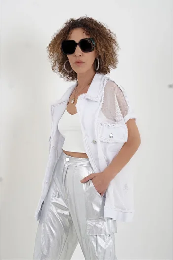 Zelish My Sister White Mesh Detailed Denim Vest