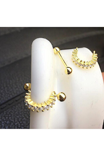 Siminkari 925 Gümüş Helix Piercing Çift Toplu 14 Ayar Altın Kaplama Baget Taşlı Yarım Halka