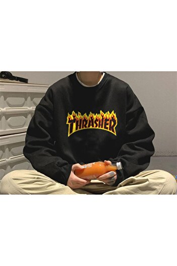 Touz Thrasher Printed Black Unisex Oversize Crew Neck Sweatshirt