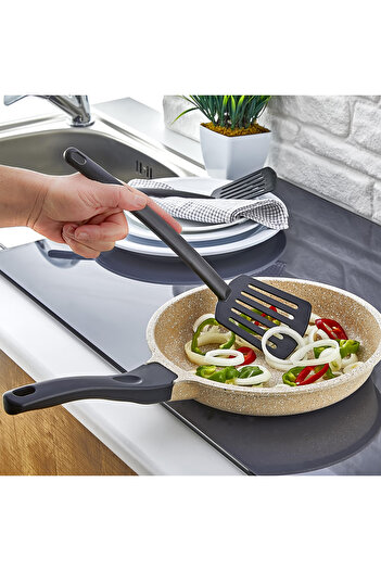 Sekiz8 4 Piece Fireproof Non-Stick Teflon Colander, Ladle, Spoon, Spatula Set Black-Grey