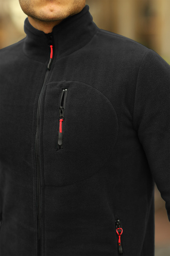 Kozik TSHIRT Δώρο Ανδρική Μαύρη Softshell Fleece Standard Πλήρες φερμουάρ 3 τσέπες Ανδρική ζακέτα Fleece