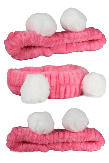Toyaş Pink and White Pompom Plush Bandana Makeup Spa Hair Band