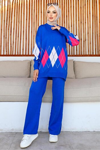 benguen 23000 Diamond Patterned Knitwear Set Saxe Blue