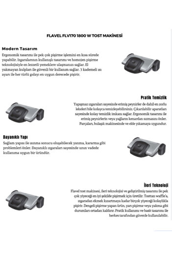FLAVEL FLV170 Gümüş 1800 Watt Tost Makinesi