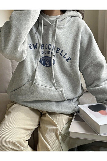 Josette Gri Unisex New Rochelle Football Baskılı Oversize Sweatshirt Kapüşonlu