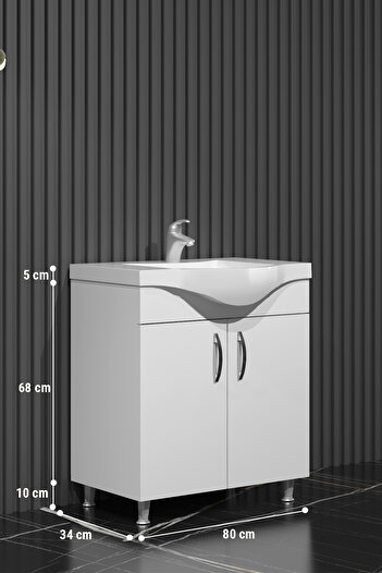 ÖZCEDEN Yıldız 80 cm Beyaz MDF Seramik Lavabolu Ayaklı Banyo Alt Dolabı