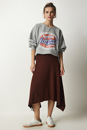 Happiness İstanbul Women's Brown Asymmetric Cut Ribbed Knitted Skirt MC00227