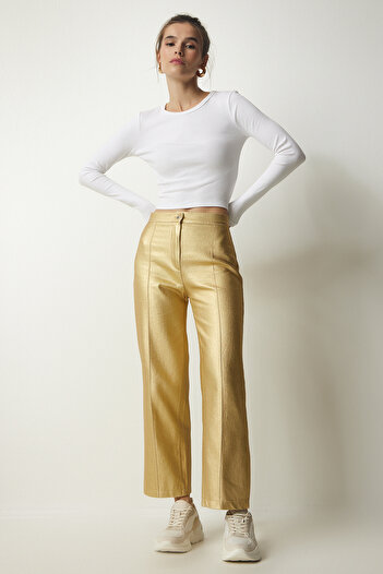 Happiness İstanbul Women's Metallic Yellow Metallic Carrot Trousers UL00012