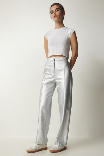 Happiness İstanbul Women's Metallic Gray Metallic Carrot Trousers UL00012