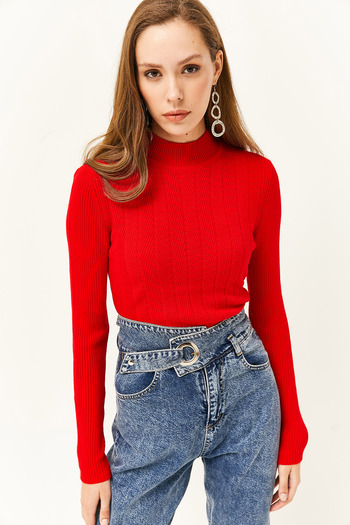 Olalook Women's Red Half Fisherman Zigzag Textured Soft Knitwear Sweatshirt KZK-19000447