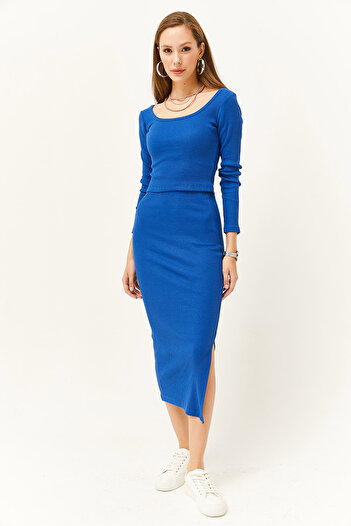 Olalook Women's Saks Blue Open Collar Long Sleeve Blouse Slit Skirt Set TKM-19000224