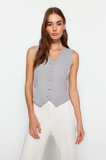Trendyol Collection Anthracite Fitted Buttoned Crop Woven Vest Twoss21Ye0009