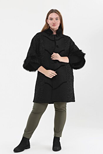 Laden Large Size Glittery Fur - Black Knitwear Cardigan with Bat Sleeves